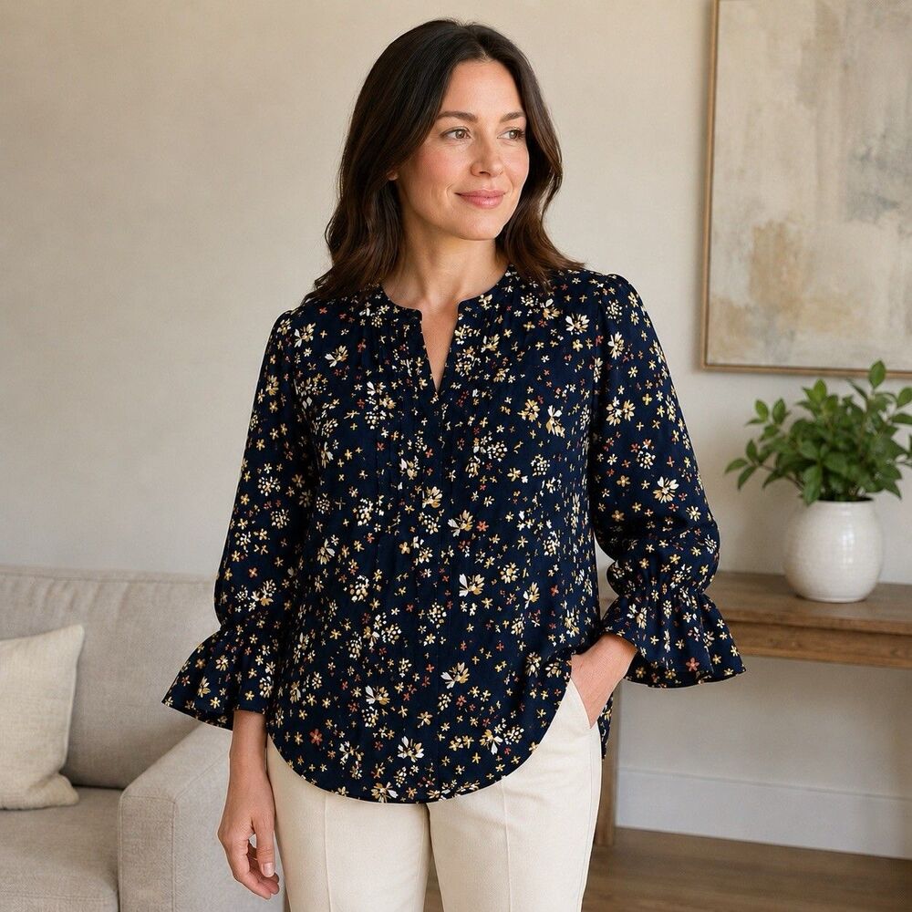 Vince Camuto Womens M Navy Floral Split Neck Balloon Sleeve Blouse NWT